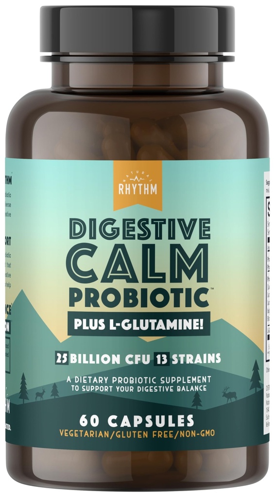 Natural Rhythm Digestive Calm Probiotic (Plus L-Glutamine) 25 Miljard CFU en 13 Strains. - Natuurlijke ondersteuning voor betere spijsvertering - voor opgeblazen gevoel en constipatie + gasrelief & lekkende darm - 60 capsules.