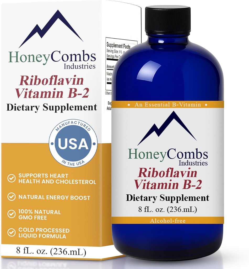 HoneyCombs Vitamine B2 Riboflavine Supplement Liquid Drops - High Potency Vitamine B2 voor mannen en vrouwen - Handhaaf gezonde spijsvertering, zenuwstelsel, haar, huid, nagels - Vegan Liquid Vitaminen (8 Fl oz)