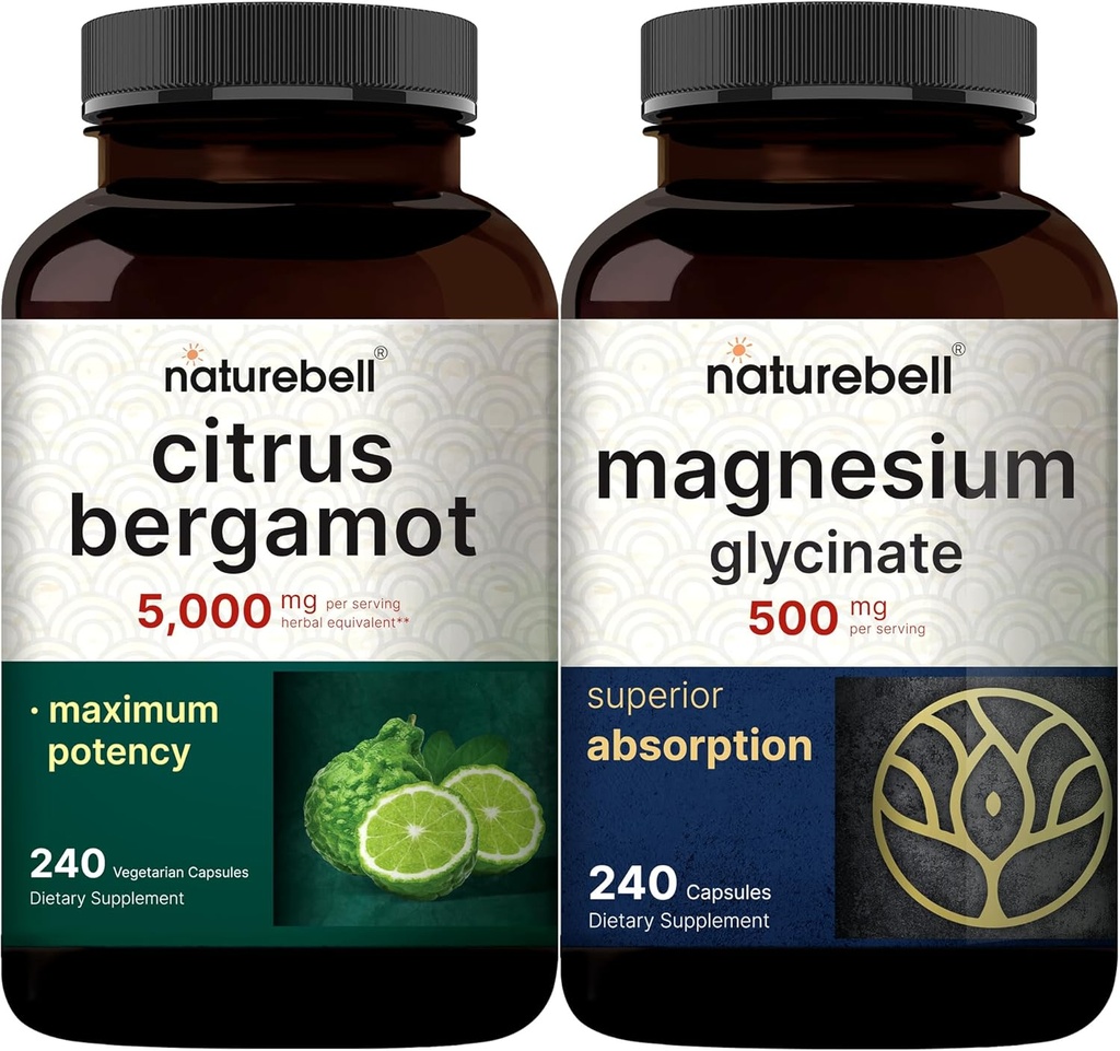 NatureBell Magnesium Glycinate Capsules 500mg & Citrus Bergamot Veggie Capsules 5.000 mg Equivalent Bundelpakket 