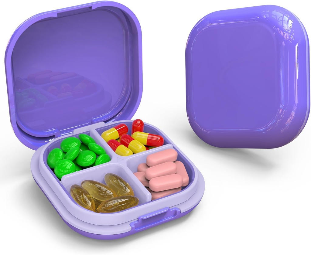 Daily Pill Organizer 4 Compartments, Small Pill Box Portable Travel Pill Case, Mini Pill Container for Purse Pocket, Compact Travel Medicine Organizer for Vitamin, Cod Liver Oil, Supplement (Purple)