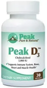 Peak Pure & Natural Peak D3 - Calciferol Vitamine D3 5.000 IE - Immune Support - Ondersteuning Hartgezondheid - Boost Energy - Dagelijks vitamine voor volwassenen 30 capsules