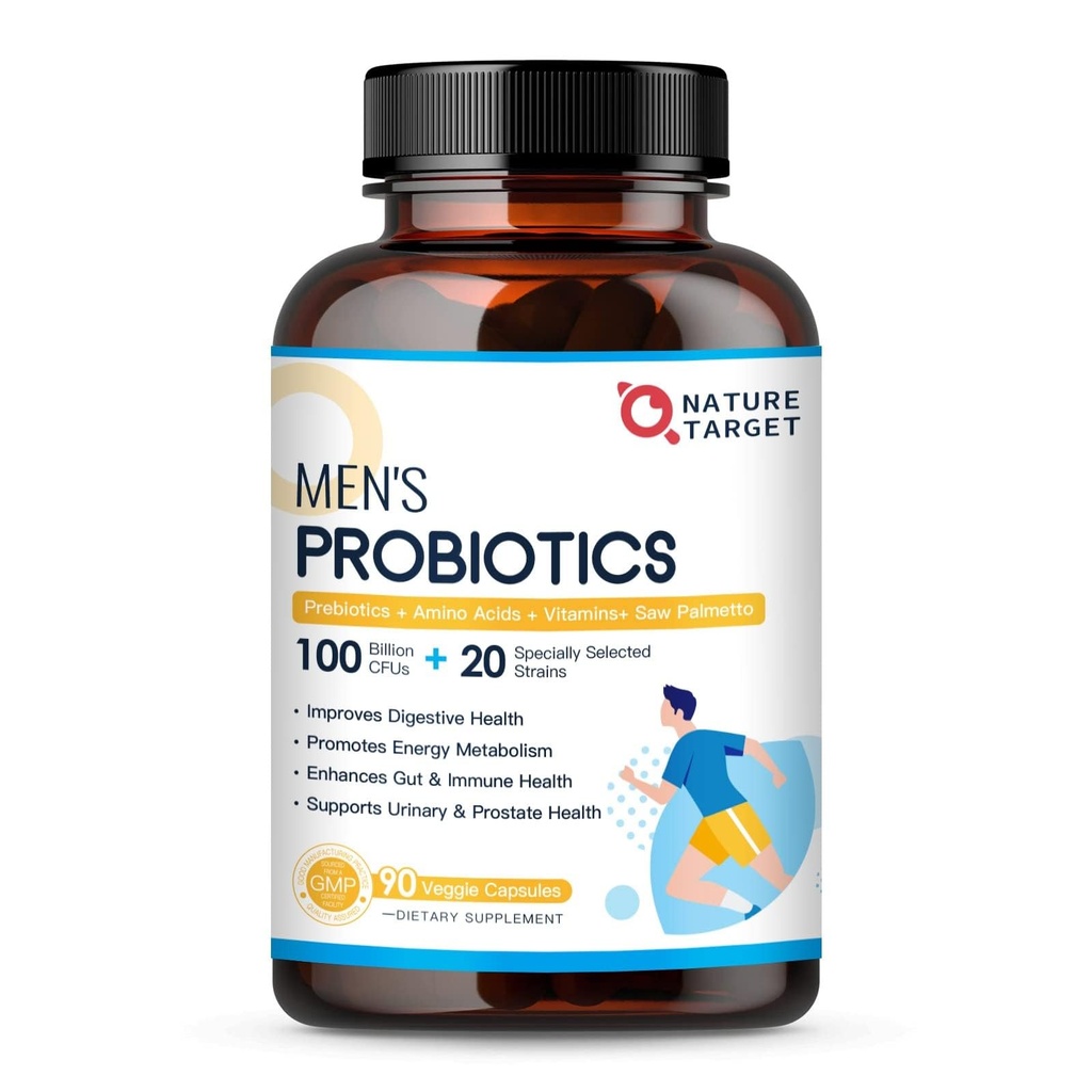 NATURE TARGET Probiotica voor mannen Digestieve gezondheid met enzymen& Prebiotica, 100 miljard CFUs, Mannenprobiotica met Zag Palmetto & Cranberry voor Prostaat & Urinaire Tract Health, 90 VeggieCapsules