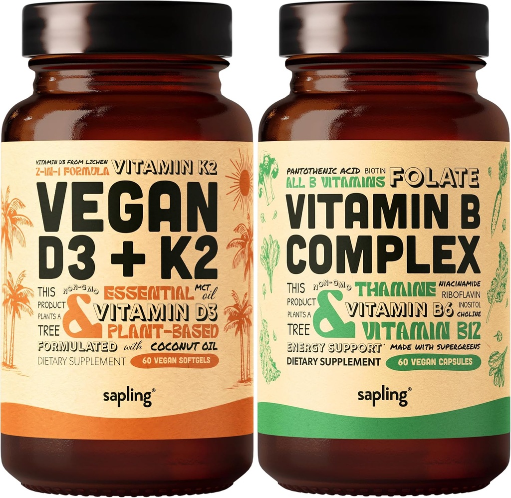 sapling Vegan Vitamin D3 + K2 & Vitamin B Complex B Bundle - 4000 IE Vitamine D3 en 100 mcg Vitamine K2 als Mk7, essentiële B Vitaminen met Whole Food Blend, B1, B2, B3, B5, B6, B7, Folaat