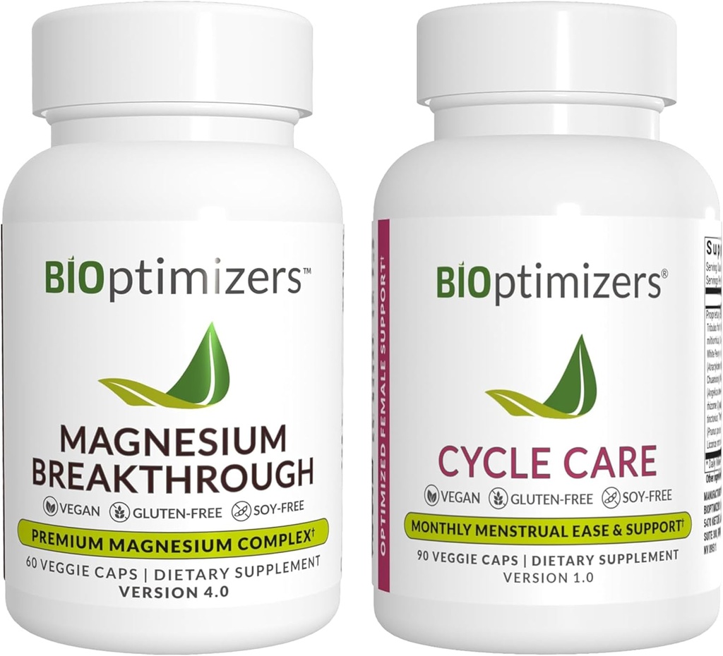 BiOptimizers Magnesium Doorbraak 4.0, (60 capsules) & Cycle Care, (90 capsules) - Natural Sleep, Brain, and Menstrual Relief Support Supplement Bundle