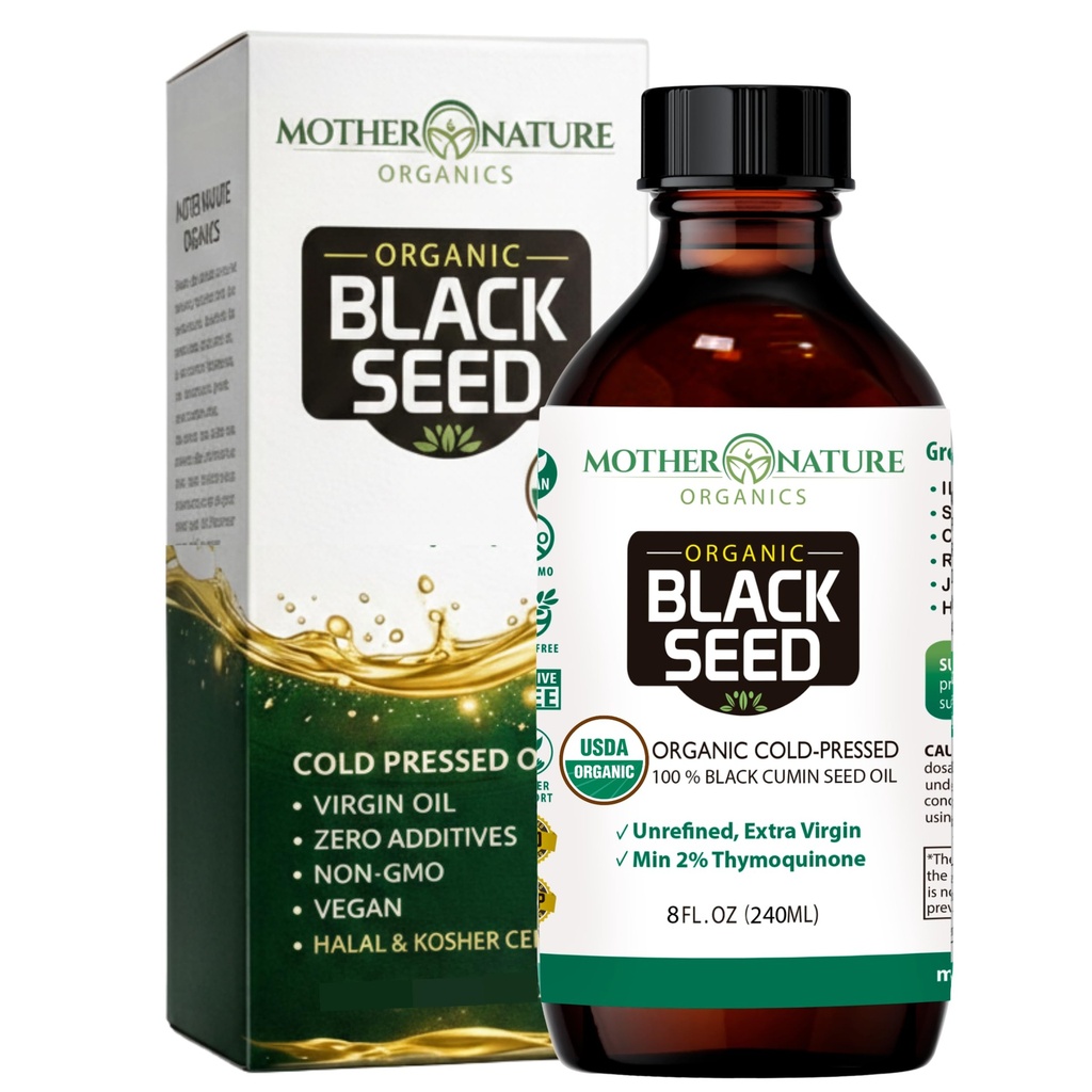 Moeder Natuur USDA Biologische Zwarte Zaadolie, Hoge TQ 2%, Koud Geperst, Ongeraffineerd Nigella Sativa, Omega 3 6 9 voor Immune, Gezamenlijke & Hart Support, Hair & Skin, Non-GMO, Glasfles (8oz)