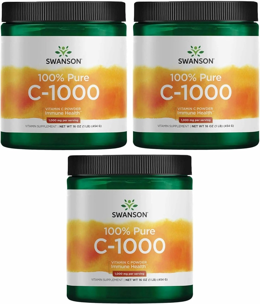 Swanson Vitamin C Poeder 100% Pure Ascorbic Acid, Immuun System Support, Skin Health, Cardiovasculaire gezondheid, Antioxidant Supplement 1000 mg (per portie) 1 lb. 454 g (3 verpakkingen)