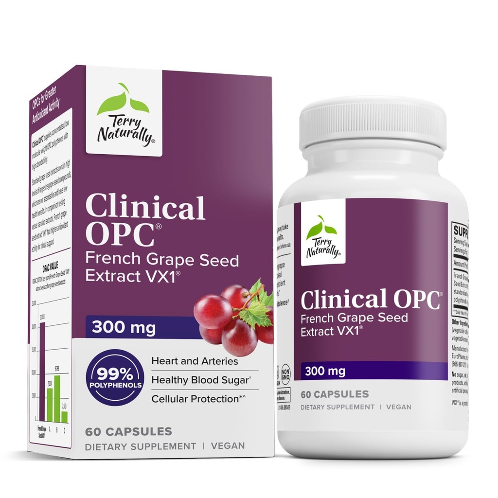 Terry natuurlijk klinisch OPC - Cardiovasculair gezondheid & Focus Support Supplement - Dieetsupplement met druifzaad Extract & Zonnebloemlecithin - Immuun Ondersteuning Supplement - 300 mg, 60 Softgels