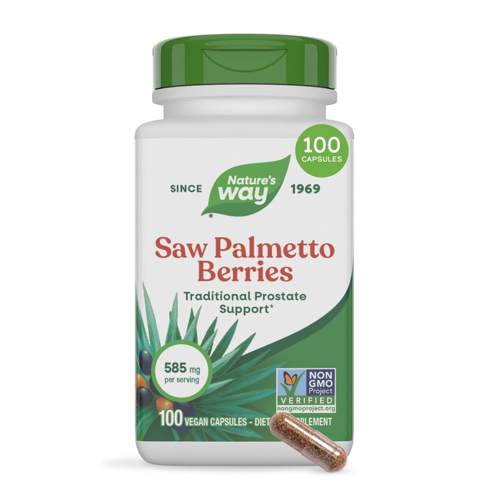 Nature's Way Saw Palmetto Berrys, Traditioneel Prostate Support*, 585 mg per portie, Non-GMO Project Verified, Vegan, 100 Capsules (Verpakking mei Vary)