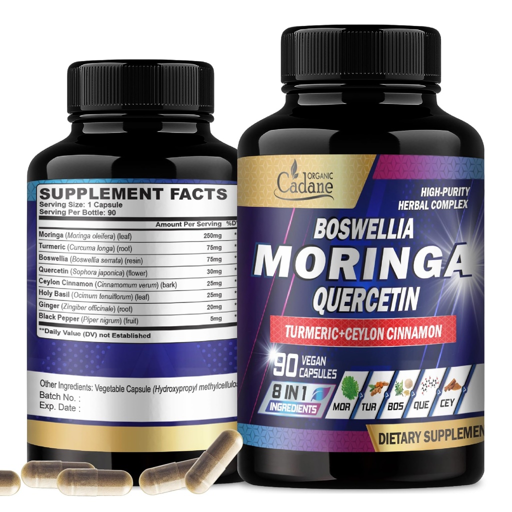 Biologische Cadane Moringa Leaf met Kurkuma, Boswellia, Quercetin, Ceylon Cinnamon, Holy Basil, Ginger en Black Pepper - 8in1 Supplementen - 90 Veggie Capsules voor 3-maand levering