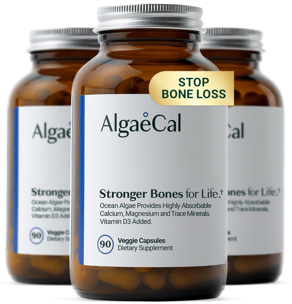 ALGAECAL - Plant Based Calcium Supplement met vitamine D3 (1000 IE) voor botsterkte, Bevat 13 mineralen ondersteunend bot gezondheid, biologisch calcium (750 mg) voor vrouwen & mannen, 90 capsules, 3 maanden levering