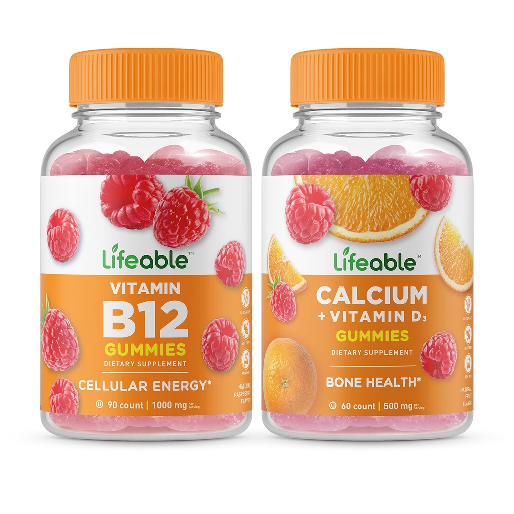 Levensvatbare vitamine B12 + Calcium met vitamine D, Gummies Bundle - Grote Proeverij, Vitamine Supplement, Glutenvrij, GGO-vrij, Kauwbaar