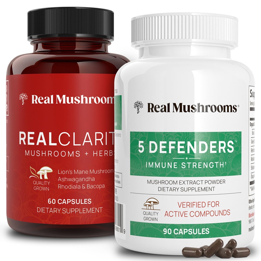 Real Paddestoelen RealClarity (60ct) en 5 Verdedigers (90ct) Capsules Bundel - Paddestoelensupplement voor geestelijke helderheid, focus en immuunsterkte - Veganistisch, niet-GMO, geverifieerde niveaus van Beta-Glucans