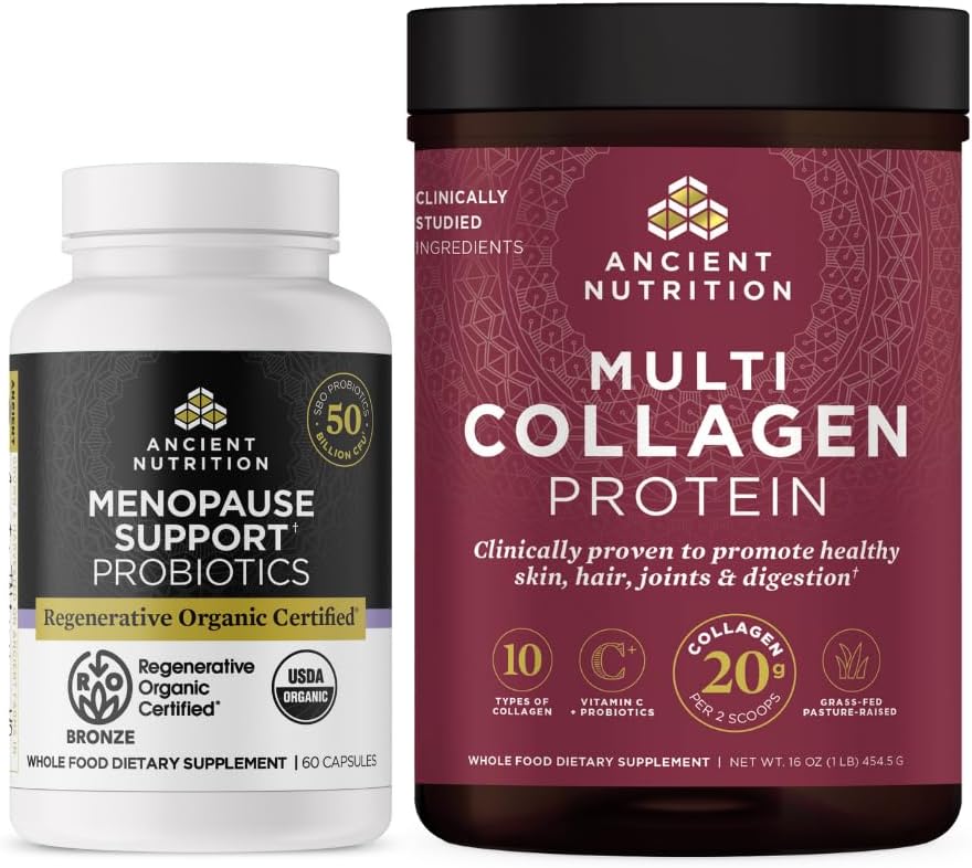 Ancient Nutrition Regenerative Organic Certified Probiotics for Menopauze, 60 Count + Multi Collageen Proteine Powder Unflavored, 45 Servers