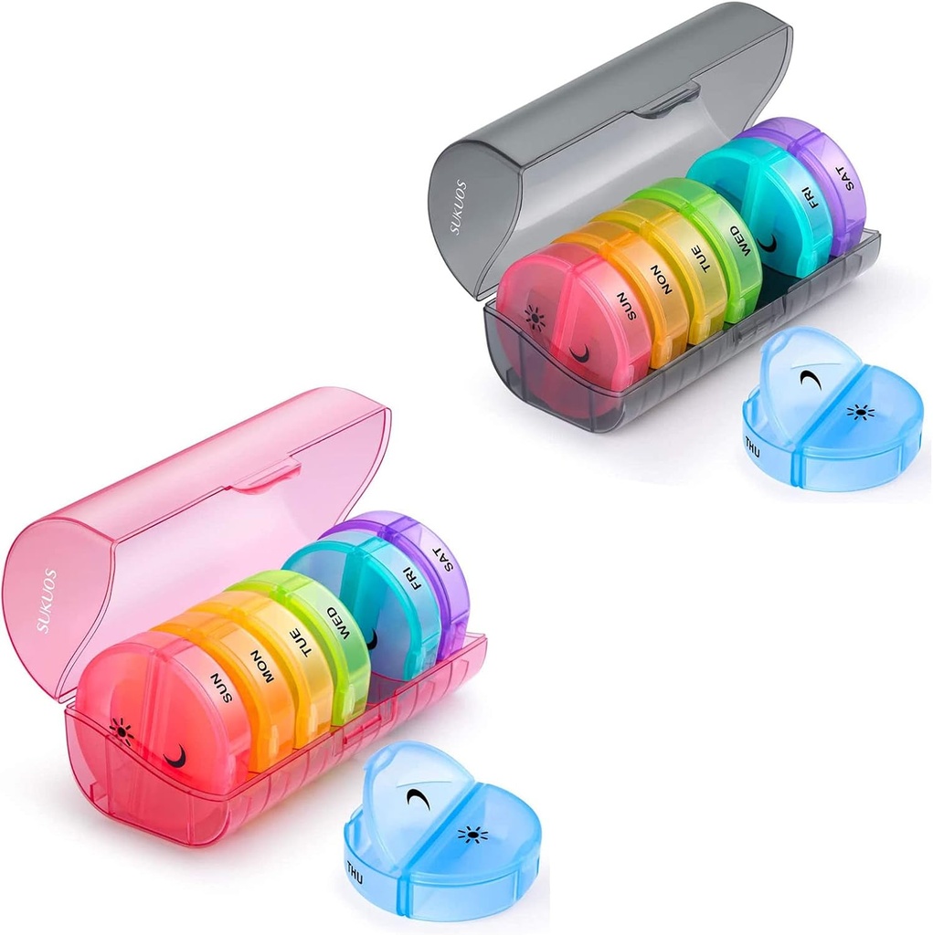 2 Pack Week pil Organizer 7 Dag 2 keer per dag, Sukuos grote dagelijkse pil kisten voor pillen/Vitamine/Visolie/Supplements, BPA Gratis pil Box, Gemakkelijk te reinigen