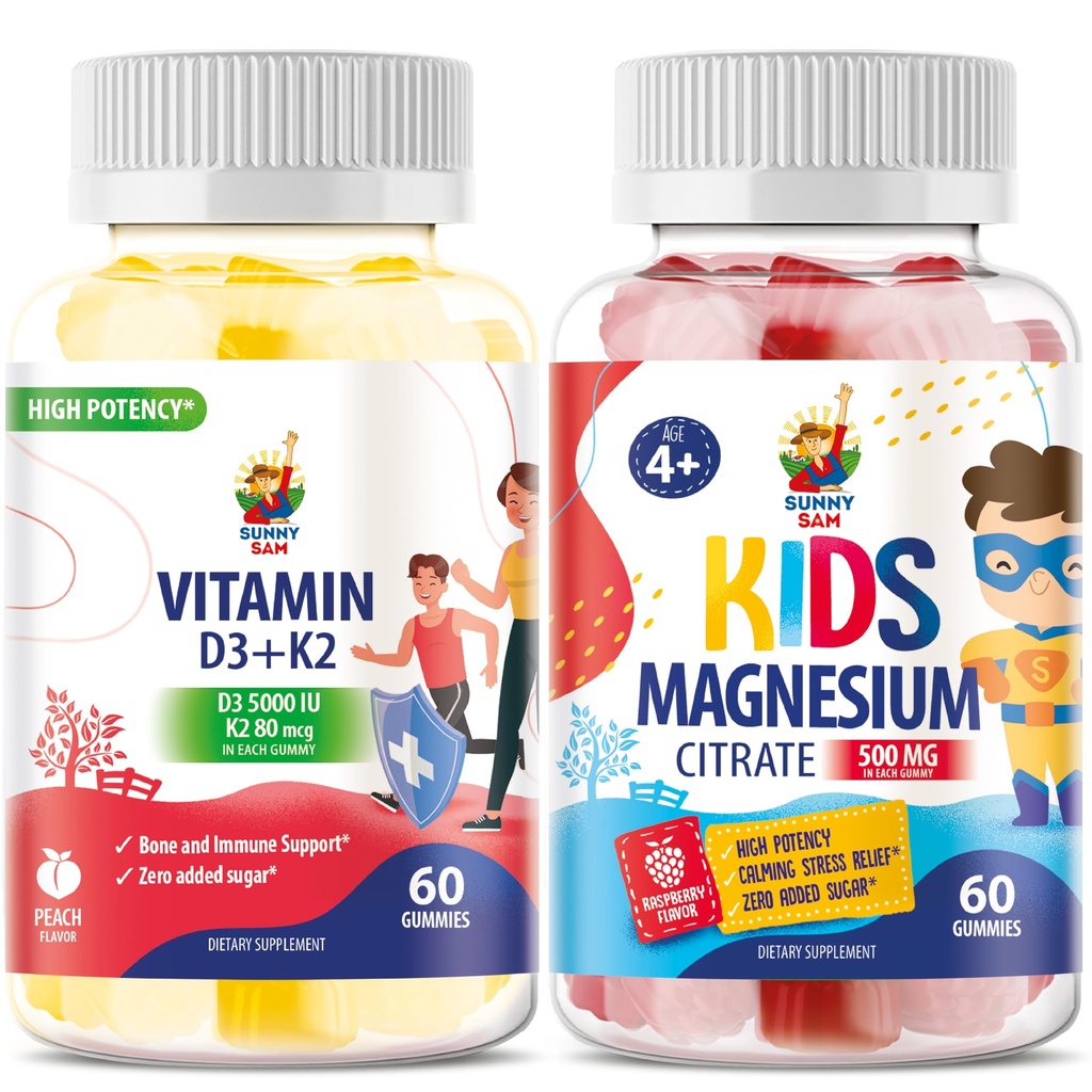 Magnesium Gummies for Kids & Vitamin D3 K2 Gummies 5000 IE - Immune & Bone Support - Sugar Free Vitamin D Gummy Supplement - High-Absorptie, Vegan, Glutenvrije Gummies for Adults