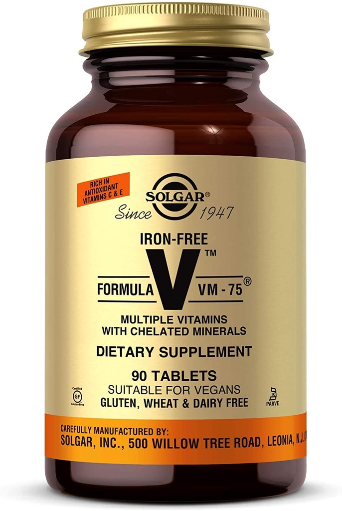Solgar Iron-Free Formula VM-75, 90 tabletten - Multivitamine met gecheleerde mineralen - Vitamine A, B6, B12, C, D, E - Biotine, Magnesium, Calcium, Zink - Veganistisch, Gluten & Dairy Free, Kosher - 90 porties