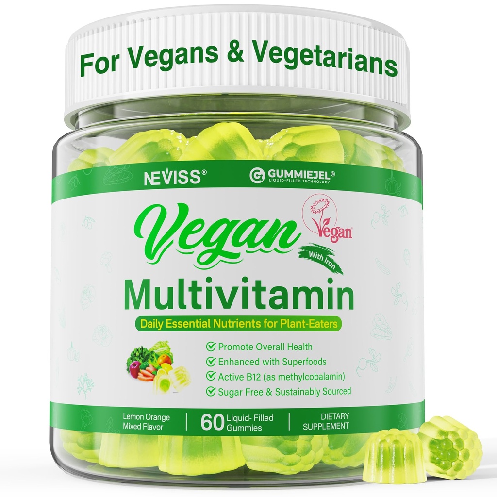 NEVISS Vegan Multivitamine voor vrouwen & mannen w/Methyl B12, D3 K2, Plant Based Omega 3 (DHA+EPA), IJzer, Choline, Zink, Whole Food Dagelijkse Vitaminen Gummies voor veganisten & vegetariërs, Suikervrij, 60Cts