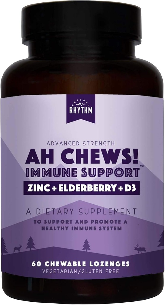 Natuurlijke Rhythm Ah Chews! Immune Booster Lozenges voor kinderen en volwassenen, Geen toegevoegde suiker, met vlierbessen, zink en vitamine D3, 60 capsules