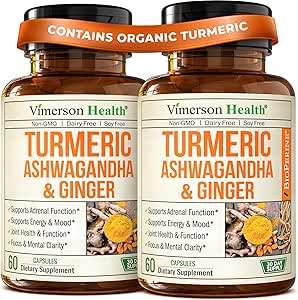 Ashwagandha Turmeric Curcumin Supplement met Ginger - Organic Turmeric Supplement, Curcumin with Black Pepper (95% Curcuminoids), Ginger Root for Joint Health, Energy & Immune Support. Verpakking