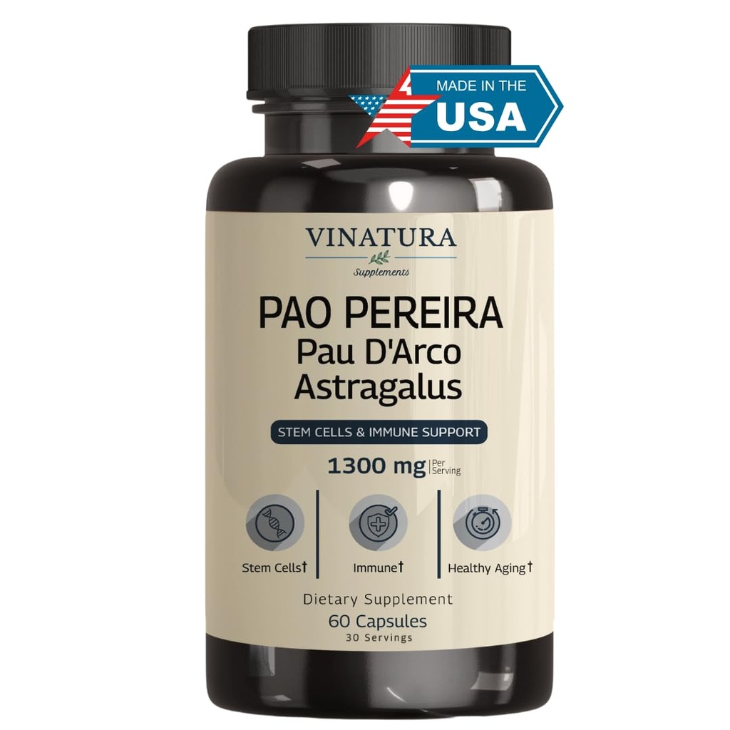 VINATURA Pao Pereira + PAU D'Arco, Astragalus - 1300MG Serving, USA Made & Tested, Stem Cells and Immune Support, 60 Capsules