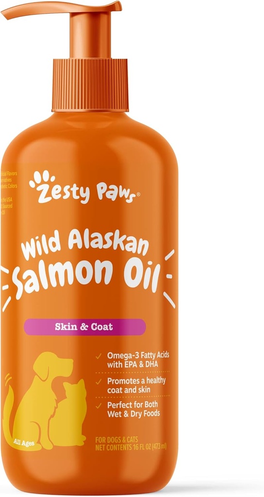 Zesty Paws Wild Alaska zalmolie voor honden en katten- huid en jas ondersteuning, Omega 3 supplement voor huisdieren, 16oz, pomptop