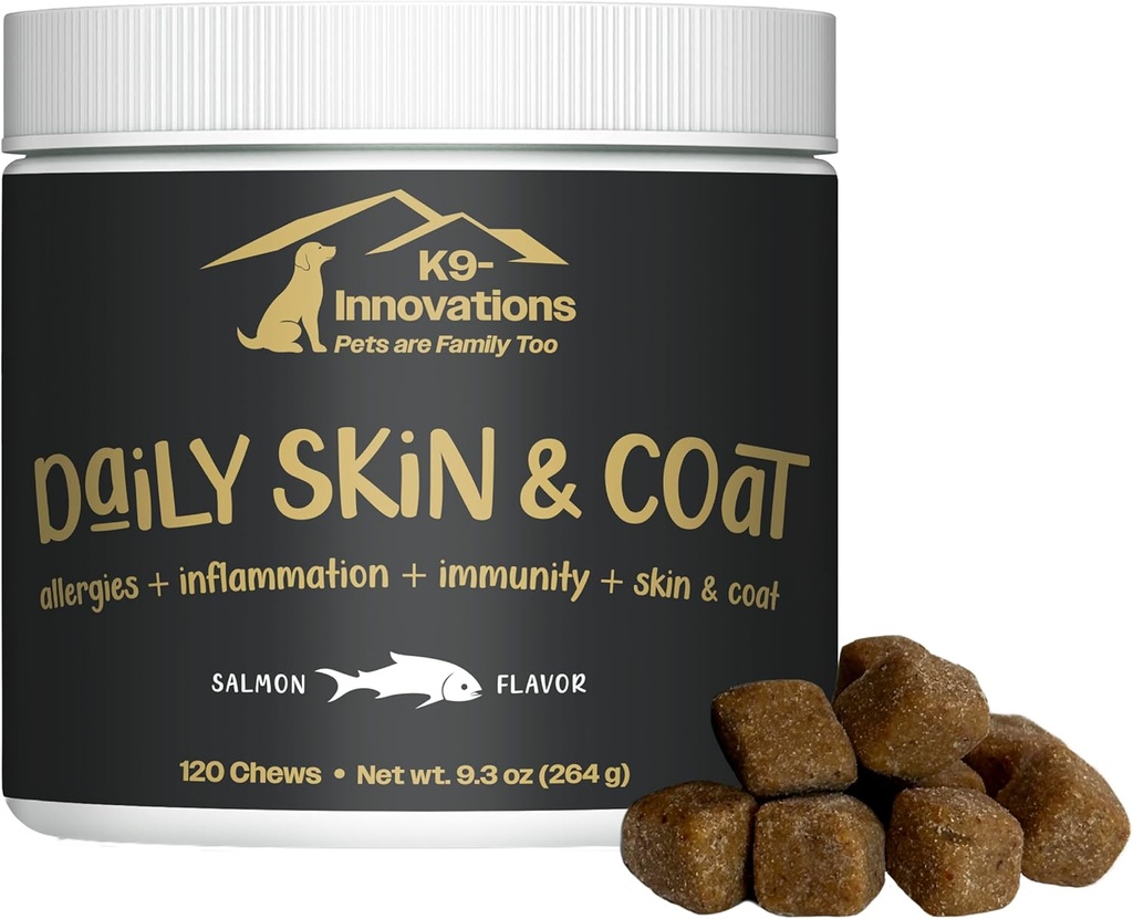 K9-Innovaties - Dagelijkse huid & jas hond kauwt zalm smaak - verminderen jeuk & paw kauwen, Omega 3 & VIT C voor huidgezondheid - 1-4 maand aanbod (120qty)