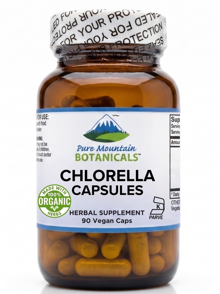 Pure Mountain Botanicals Broken Cell Wall Chlorella Capsules - 90 Kosher Vegan Caps Nu met 500mg Organic Chlorella Powder