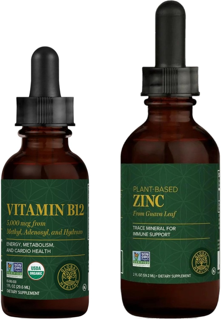 Global Healing Center - Vitamin B12 and Organic Zinc Liquid Supplement Kit - Long-Lasting Energy, Immune System Boost, Hormone Balance