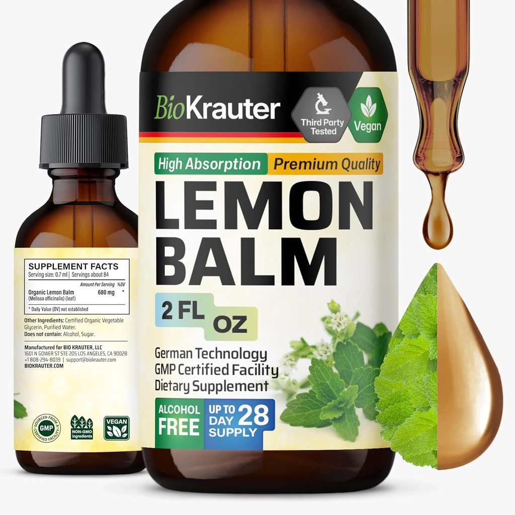 BIO KRAUTER Lemon Balm Leaf Extract - Vegan Melissa Lemon Balm Tinctuur voor Kalmte Ondersteuning - Suiker & alcoholvrije - 2 Fl. Oz.