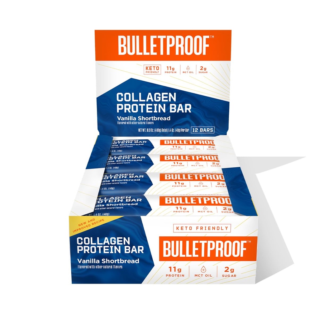 Bulletproof Vanilla Shortbread Collagen Protein Bars, Pack of 12, Keto-Friendly Snack with MCT Oil, 2g Sugar, No Added Sugar, Grass-Fed Collagen