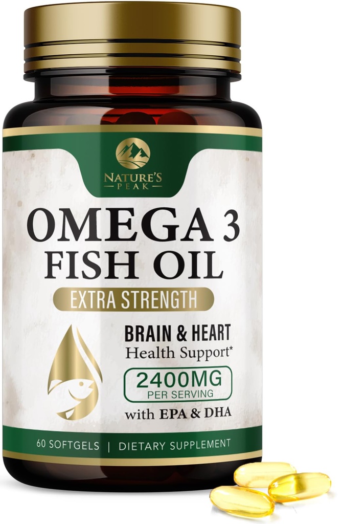 Omega 3 Visolie Pillen 2400mg - Triple Strength Omega 3 Visolie Supplementen - Beste EPA & DHA vetzuren voor Hersenen & Heart Health Ondersteuning, Natuur Omega3 Supplement, 30 dagen levering - 60 Softgels