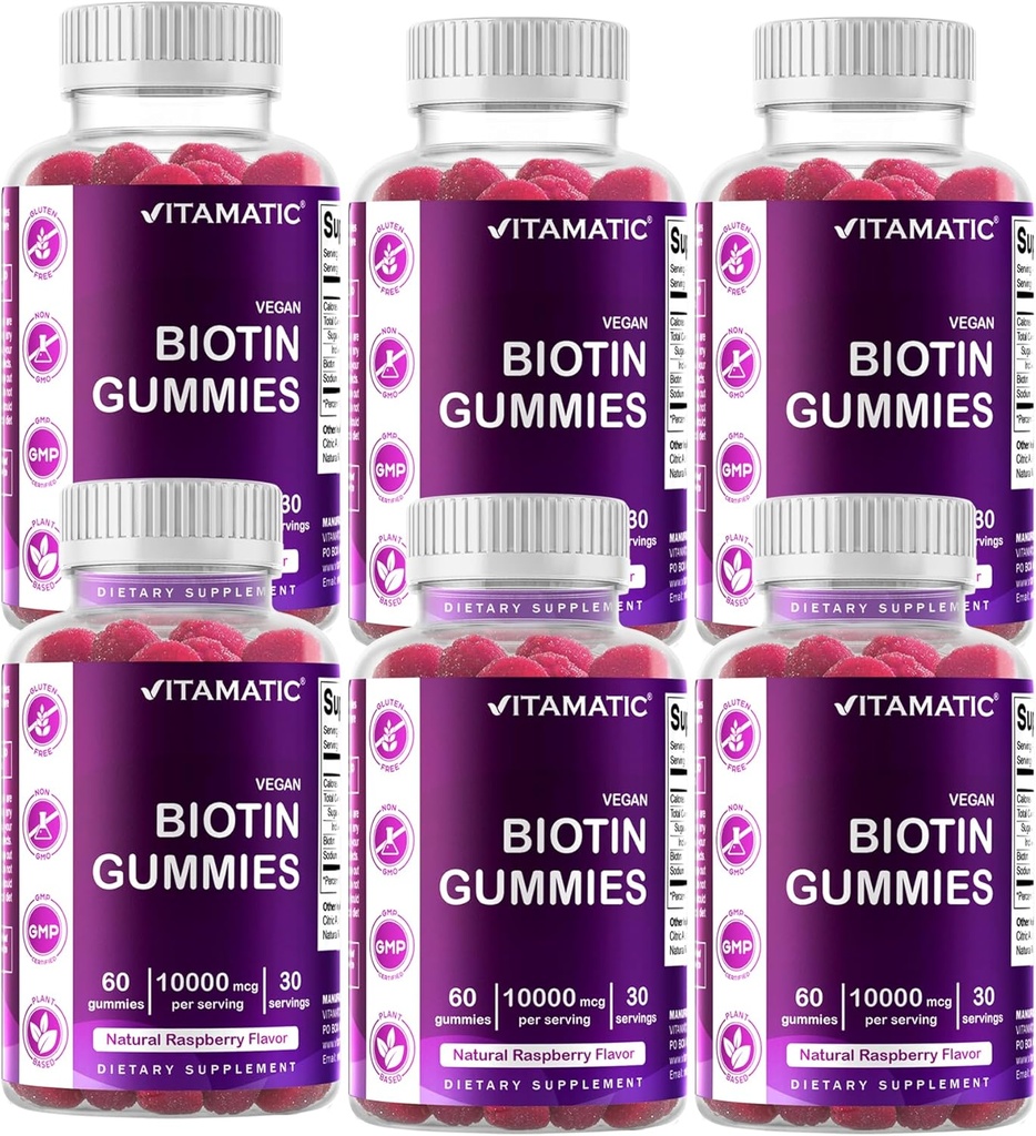 Vitamatic Biotin Gummies 10,000 mcg for Stronger Hair, Skin & Nails - 60 Vegan Gummies - Also Called Vitamin B7 (6 Bottles)