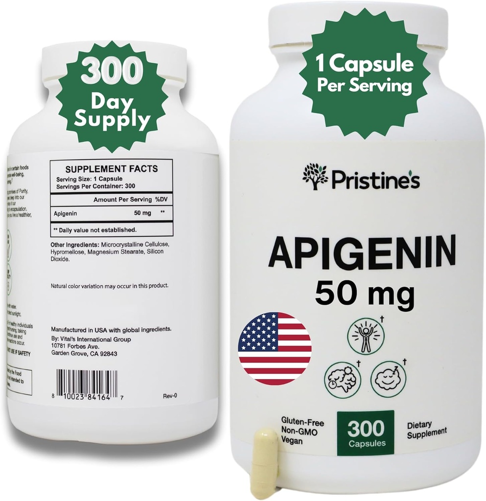PRISTINE'S Apigenin 50mg 300 Day Supply Supplement voor slaapcapsules - Prostate Support Supplement Gevonden in kamille poeder voor ontspanning, gezonde veroudering, hersenen & hartgezondheid, & immuniteit
