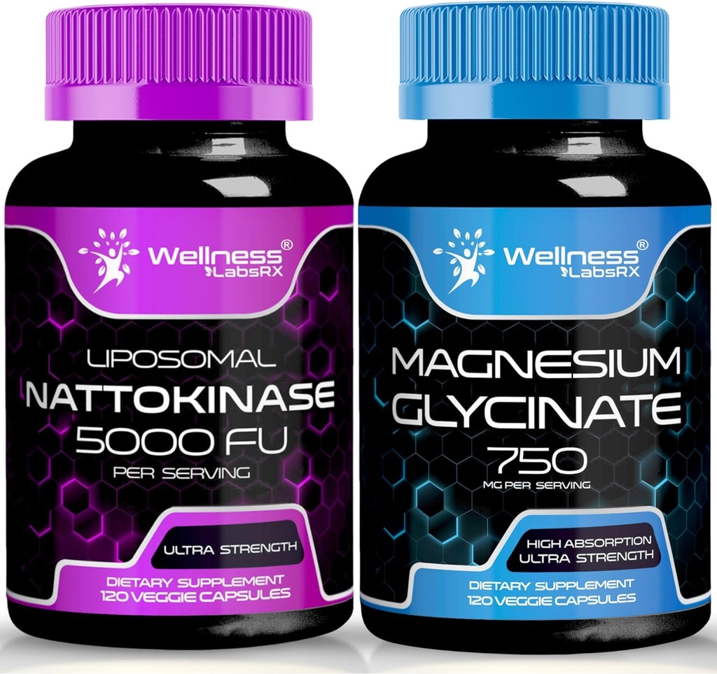 WELNESS LABSRX Nattokinase Supplement Capsules - 5000 FU - Magnesium Glycinate Capsules 750 MG