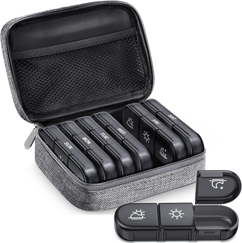 ZIKEE grote wekelijkse pil Case Organizer 3 keer per dag, Portable licht bewijs Canvas Bag Pill Box 7 dag om uw privacy te beschermen en op te slaan medicatie, vitamine, visolie, supplement (Grijs)