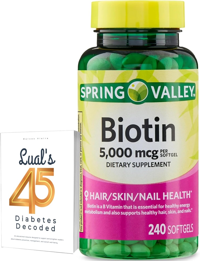 Spring Valley Biotin 5000 mcg 240 Telling, Dieetsupplement voor haarhuidnagels, Haarvitaminen voor haarverlies voor vrouwen Bundel met Lual 45 diabetes gedecodeerd