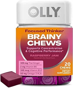 OLLY Focused Thinker Brainy Chews, Omega-3 ALA, Vitamins B6 & B12, Plus Thai Ginger Extract for Alertness, Concentration & Cognitive Performance Support, Vegetarian, Raspberry, 20 Count