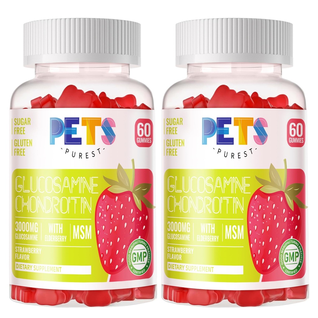 Huisdieren Zuiverste Glucosamine Chondroïtine Gummies met MSM & Vlierbes Extra sterkte - Gezamenlijke ondersteuning, Antioxidant Immune Ondersteuning Supplement voor volwassenen, mannen & vrouwen.(2 Pack) Aardbei