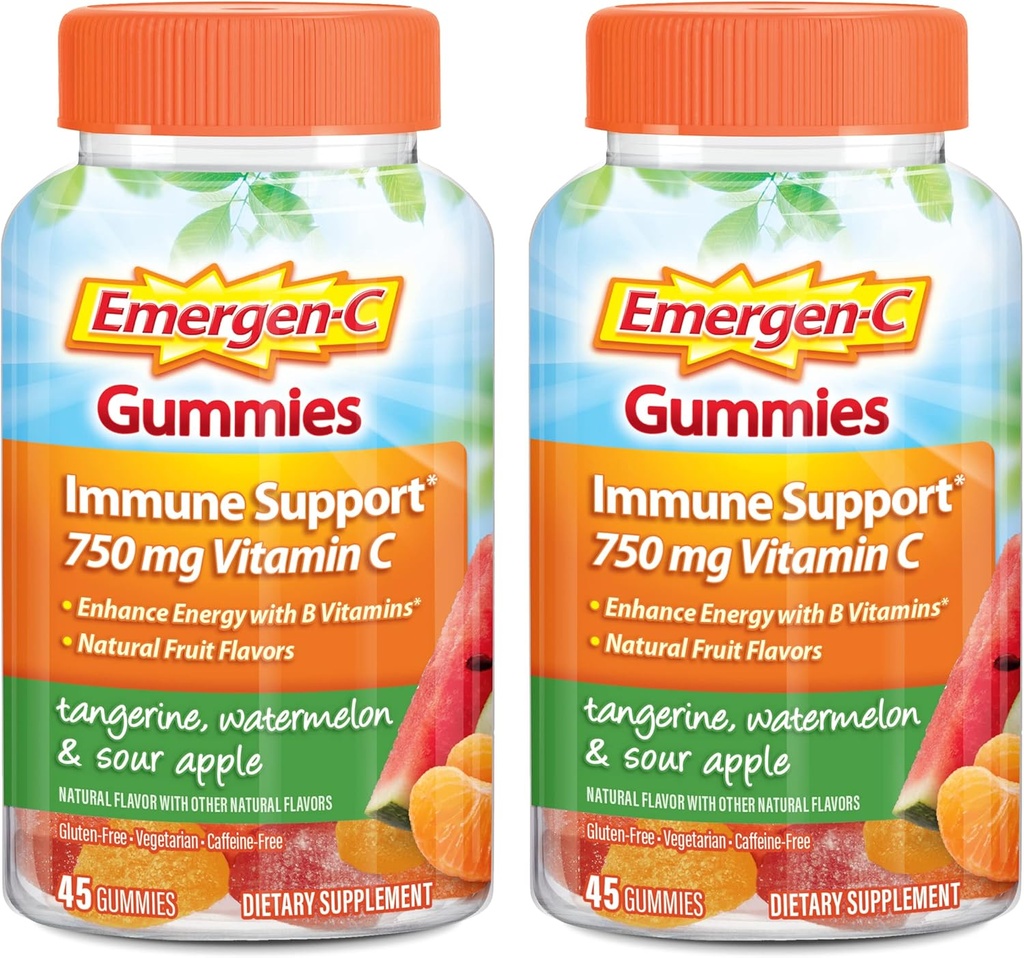 Emergen-C Vitamine C Gummies, Dieetsupplement voor Immune Support, Tangerine, Watermeloen en Zure Apple Smaak - 45 Tel x 2 (pakket van 2)