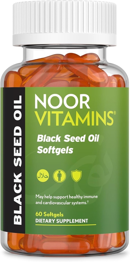 Noor Vitamins Halal Black Seed Oil Capsules, Halal Vitamins, 1000 mg Black Seed Oil from Nigella Sativa, Thymoquinone, Non-GMO, Gluten Free, 60 Count