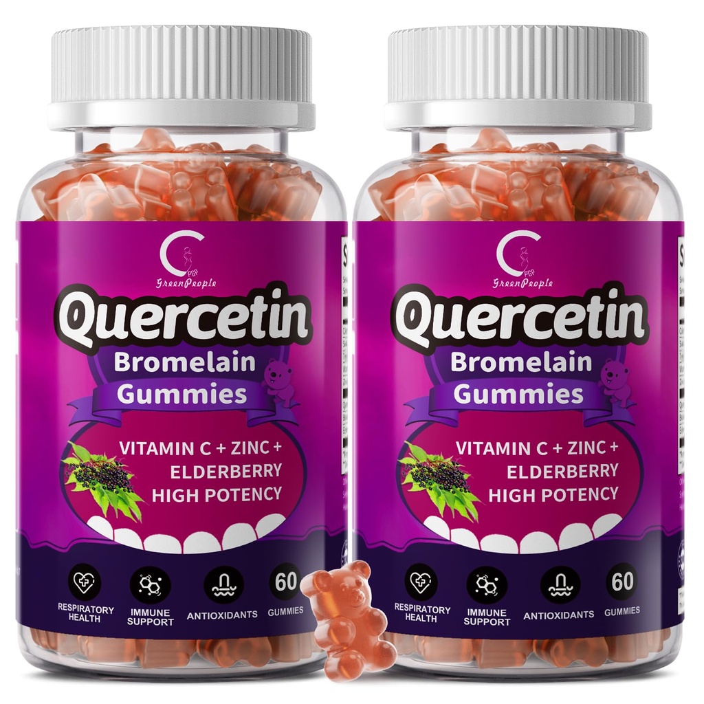 Quercetine Gummies - Quercetine met bromelaïne, vitamine C, zink en vlierbessen, extra sterkte Immune System Booster, long ondersteuningssupplement voor volwassenen kinderen - 60 quercetine Gummies (2 verpakkingen)