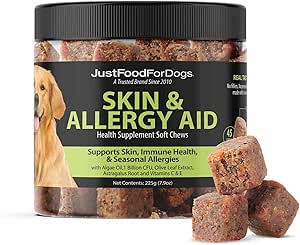 JustFoodForDogs Skin & Allergy Care Soft Chews Supplement for Dogs, Seasonal Allergies, Itchy Skin Relief, Inflammation, Immune Support - 45 Count
