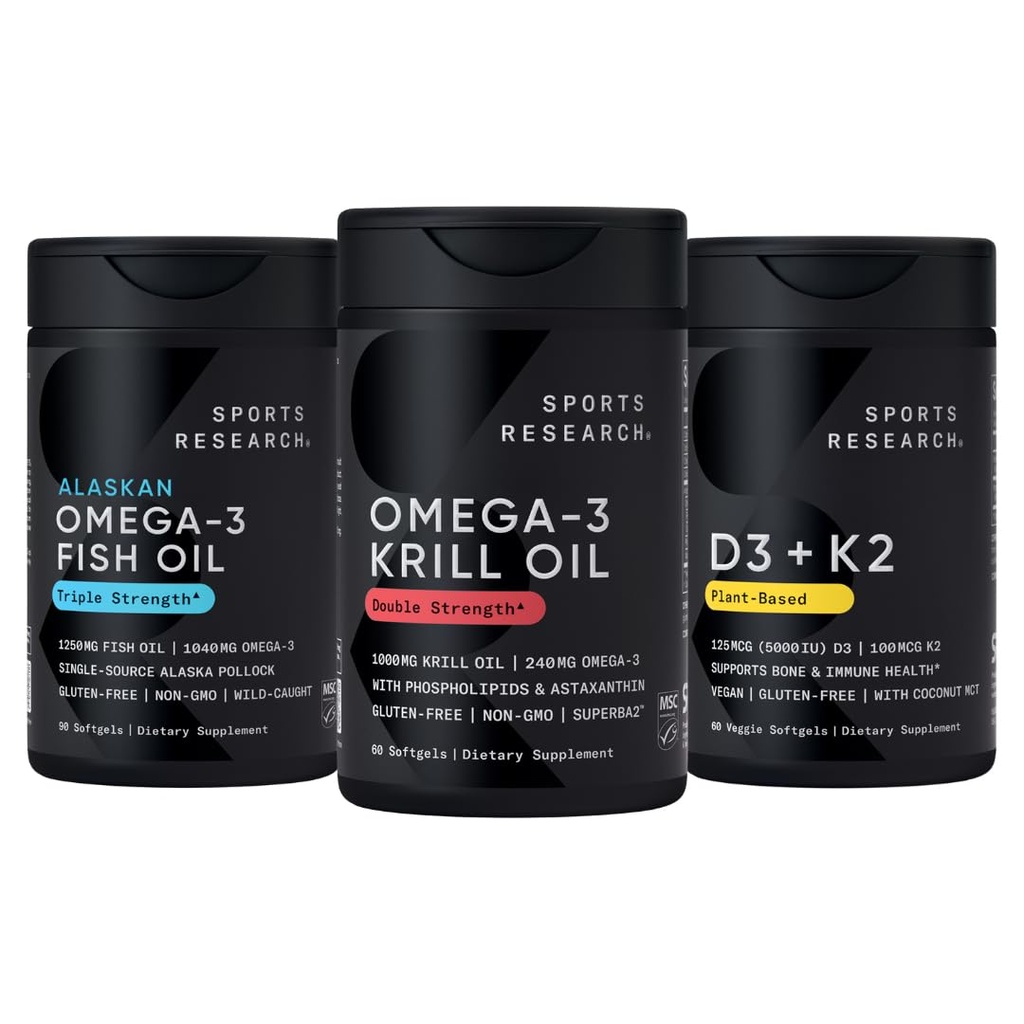 Sportonderzoek Antarctische Krillolie Omega 3 1000mg (dubbele sterkte) met Fosfolipiden, Choline & Astaxanthine, Triple Strength Omega 3 Visolie Enkel-Bron Wild Alaska Pollock 1250mg, Vitamine D3 K2