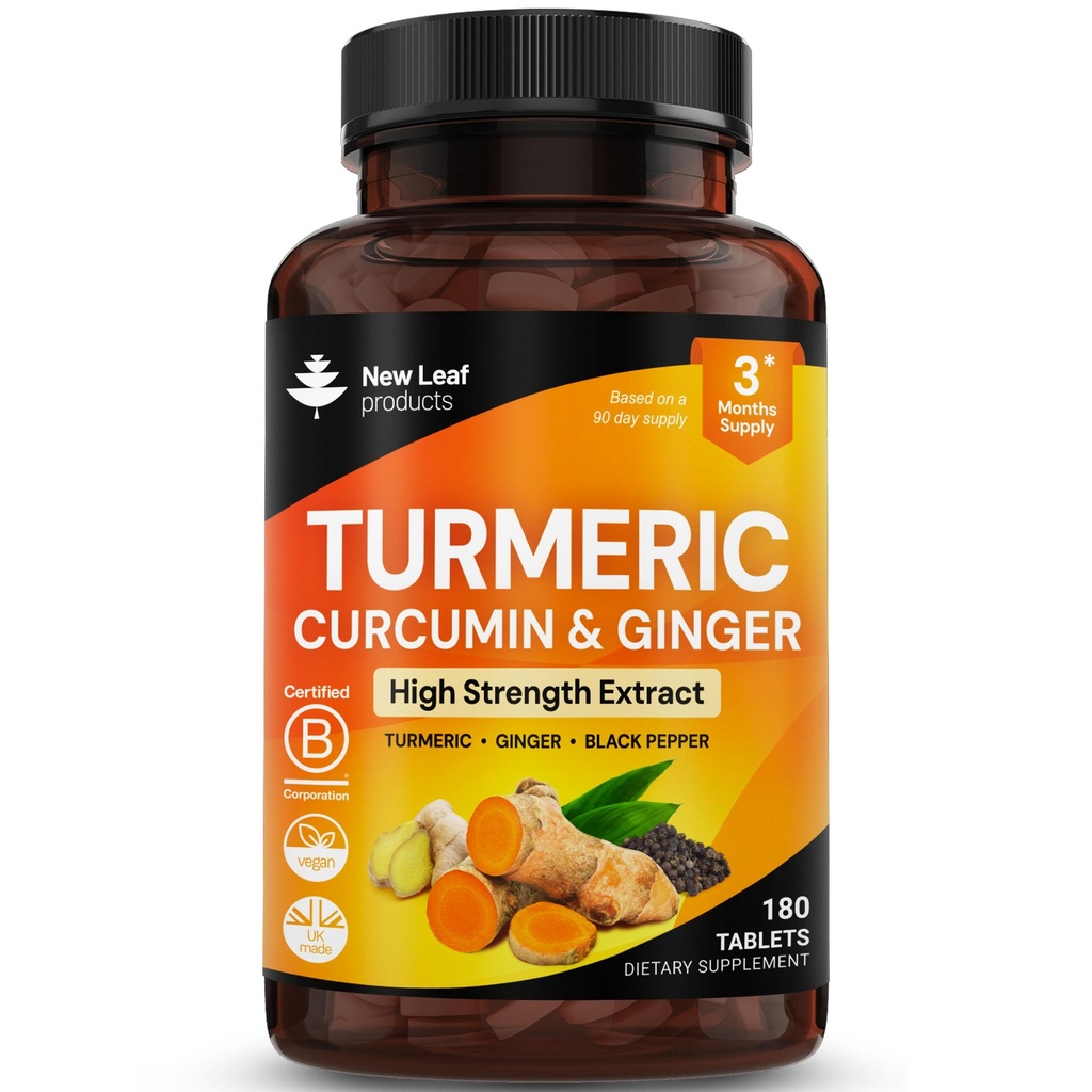 Turmeric Tablets with Black Pepper & Ginger - Curcumin - 180 Turmeric and Black Pepper Tablets (3 Month) High Strength Active Turmeric Supplements Not Capsules, by New Leaf