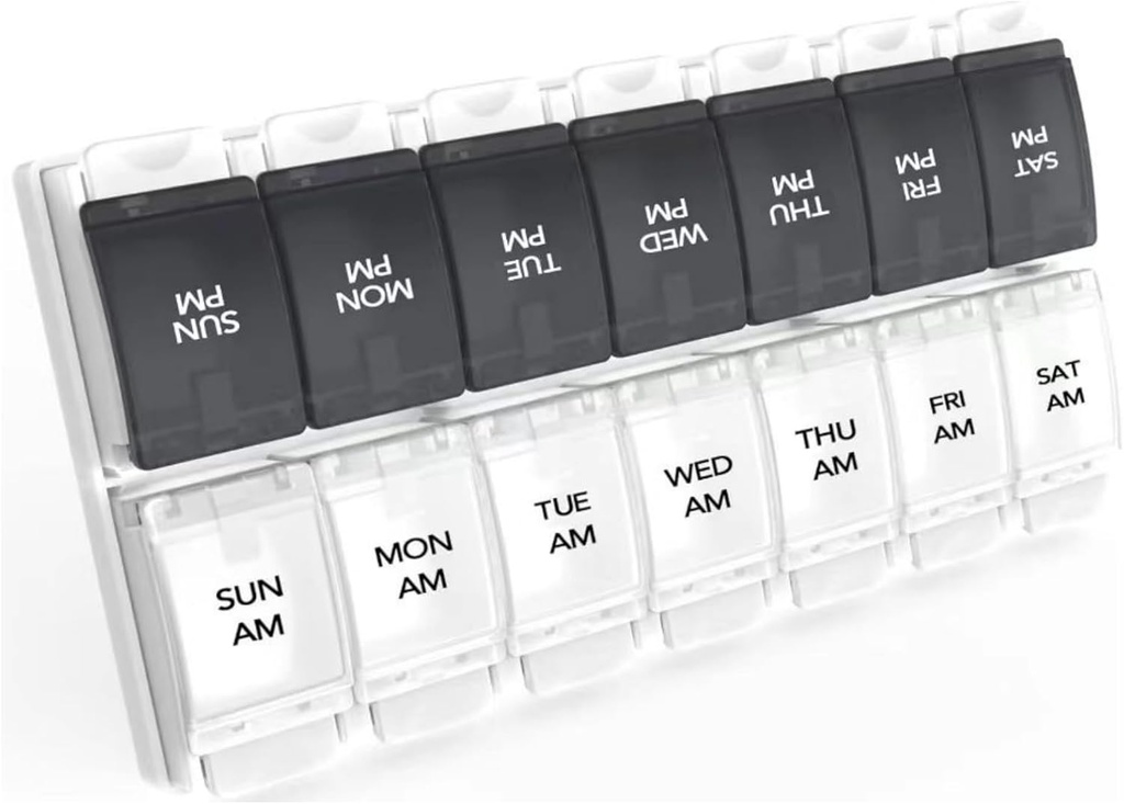 Sukuos AM Wekelijkse 7 dagen pil Organisator, 2 keer Een dag pil Box met Artritis Vriendelijke Push Knop, Geneeskunde Cases voor Vitamine/Visolie/Suplements, Gemakkelijk te reinigen (Zwart&Wit)
