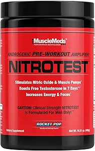 MuscleMeds Nitrotest Pre-Workout Supplement Drink, Boost Nitric Oxide, Testosteron, Raket Pop, 30 Servings, 1,03 Pond, 1 Telling