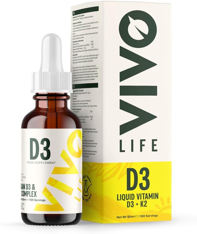 Vivo Life - Vitamin D3 K2, 50ml Liquid Complex Drops, 2000iu of D3, Vegan Health Supplement for Men and Women, 100 Servings