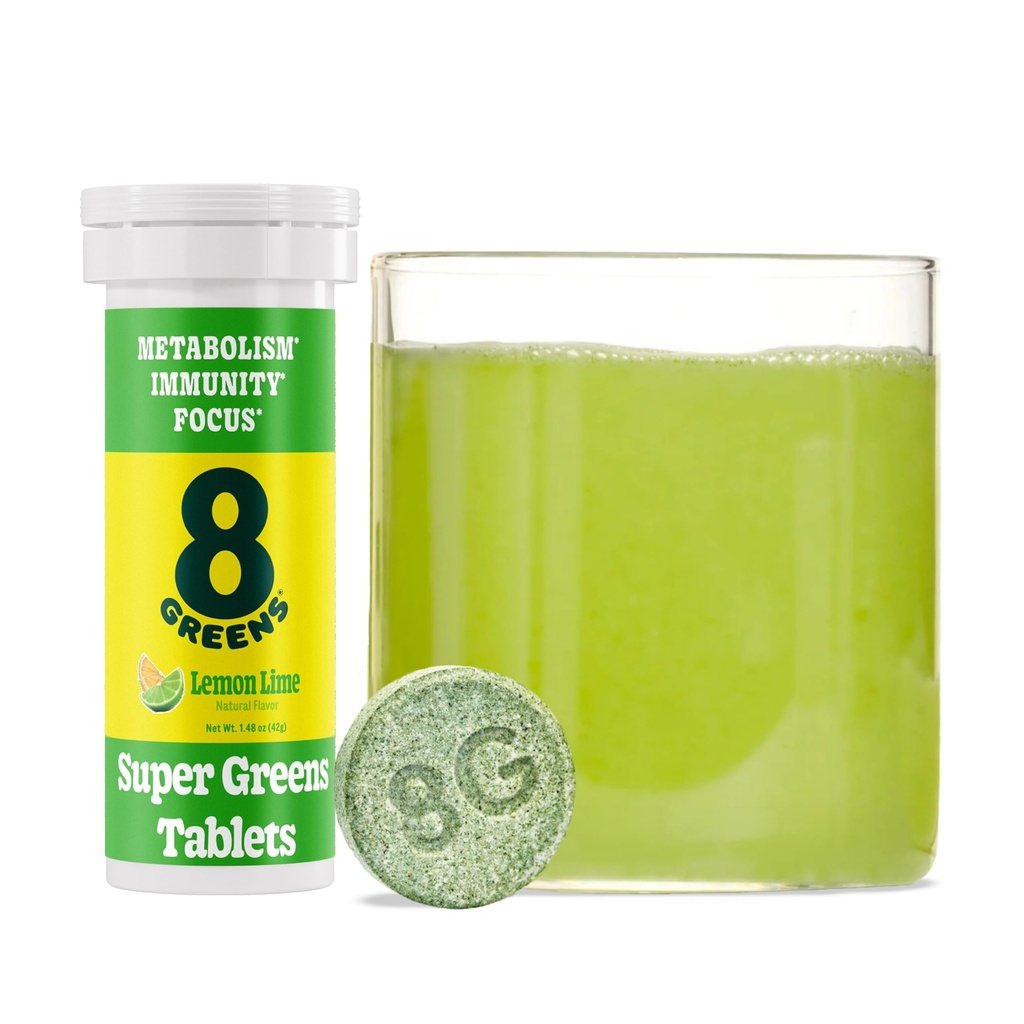 8Greens Supergreens Tabletten Supergroen Poeder Superfood Tablet, Metabolisme Immuniteit & Focus, Dagelijkse Groenen Bruistabletten, Organisch: Aloë Vera, Spirulina, Chlorella, Citroen Lime, 10 Servers