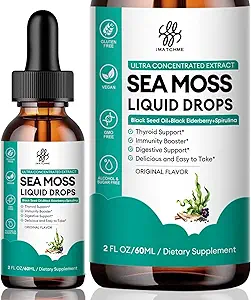 iMATCHME Sea Moss Black Seed Oil for Immune System, Gut, Skin & Energy, 7 in 1 Sea Moss Complex Liquid Drop with Spirulina, Black Elderberry, Burdock Root, Bladderwrack, Dragon Fruit smaak, 2 Fl Oz