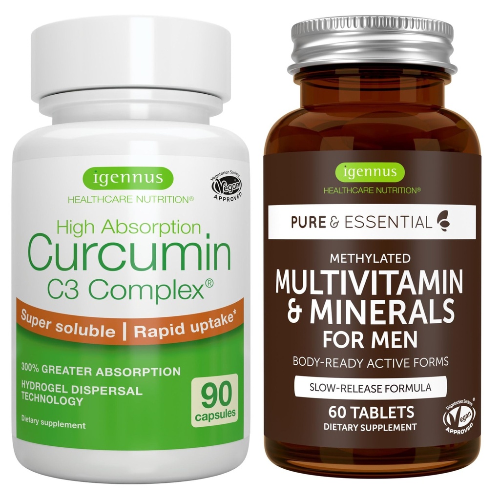 Multivitamine & mineralen voor mannen + Hoge Absorptie Curcumine C3 Complex, Vegan Bundle, Sustained Release Advanced Multivitamine + 300% Grotere Absorptie Curcuminoïden met Rapid Uptake, door Igennus